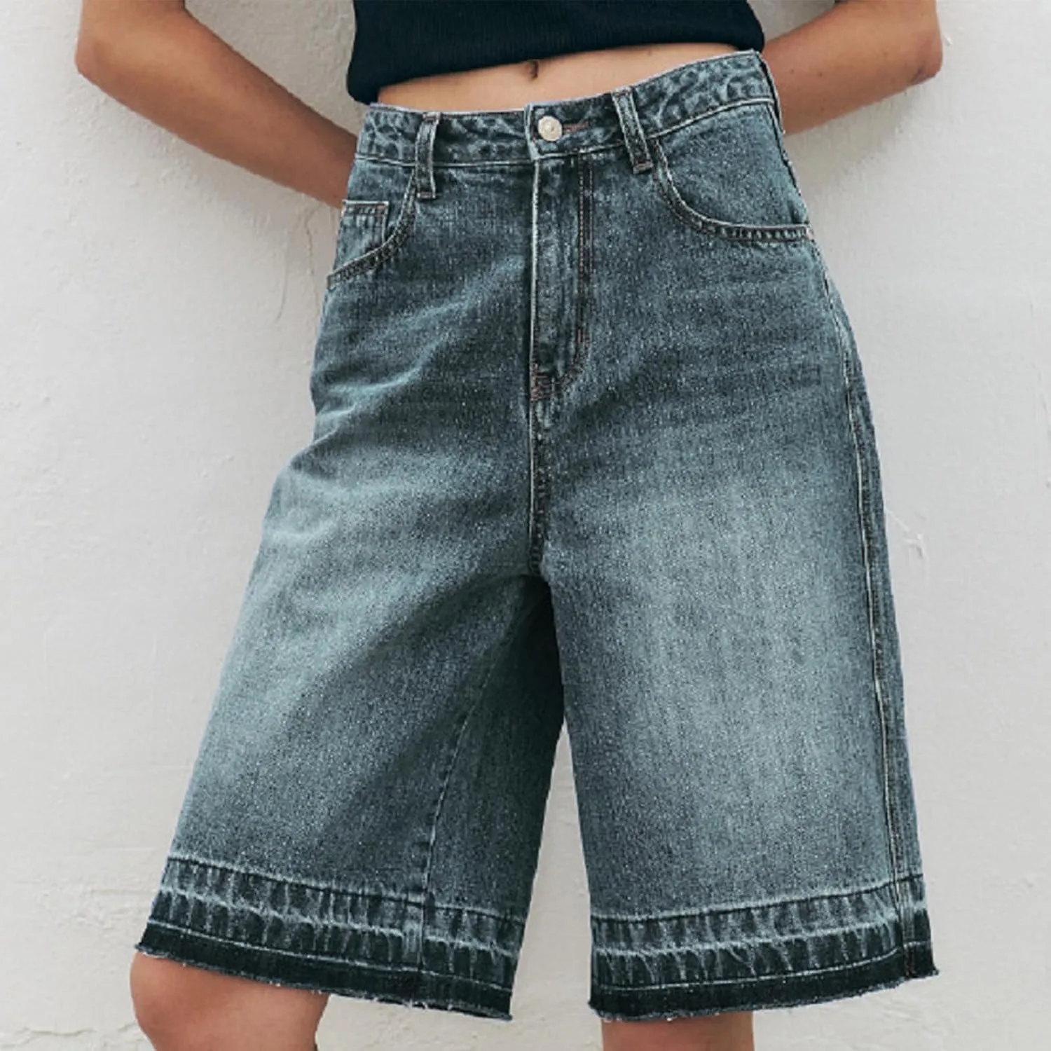 Bermuda Jean Shorts for Women High Waisted Trendy Stretchy Denim Shorts Knee Length Washed Casual Loose Long Shorts