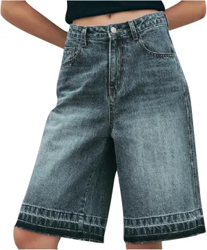 Bermuda Jean Shorts for Women High Waisted Trendy Stretchy Denim Shorts Knee Length Washed Casual Loose Long Shorts