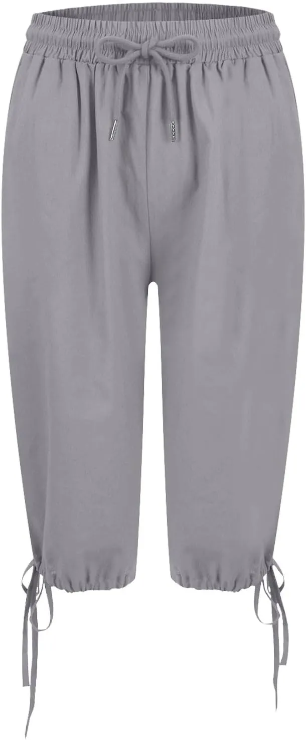 Bermuda Shorts for Women Knee Length Elastic Waist Drawstring Linen Shorts Lightweight Summer Long Shorts with Pockets