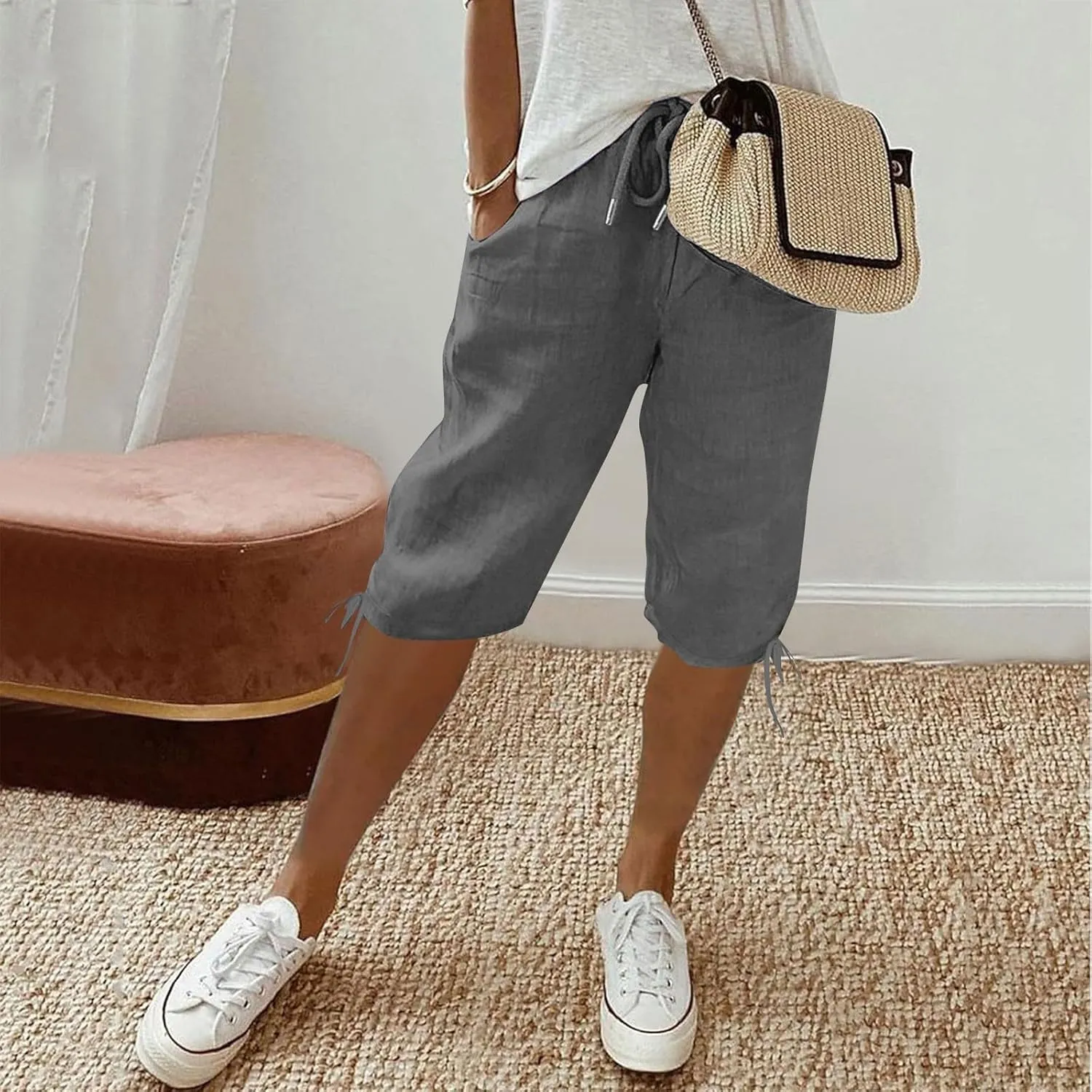 Bermuda Shorts for Women Knee Length Elastic Waist Drawstring Linen Shorts Lightweight Summer Long Shorts with Pockets