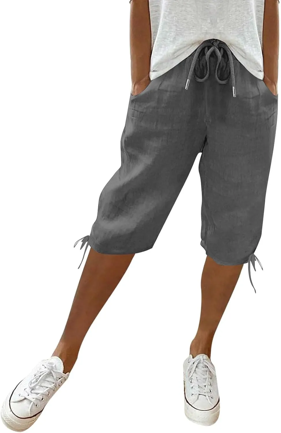Bermuda Shorts for Women Knee Length Elastic Waist Drawstring Linen Shorts Lightweight Summer Long Shorts with Pockets