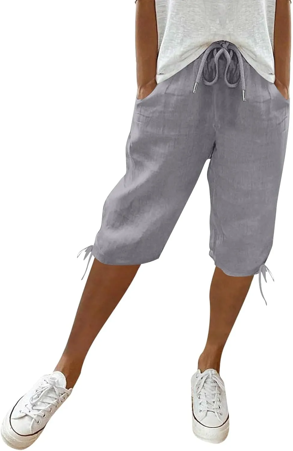 Bermuda Shorts for Women Knee Length Elastic Waist Drawstring Linen Shorts Lightweight Summer Long Shorts with Pockets