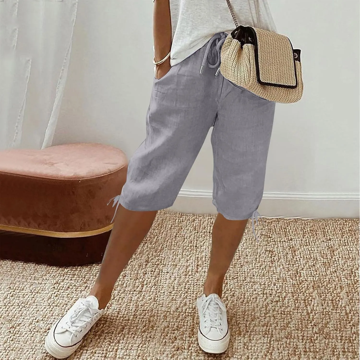 Bermuda Shorts for Women Knee Length Elastic Waist Drawstring Linen Shorts Lightweight Summer Long Shorts with Pockets