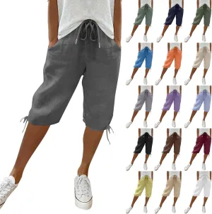 Bermuda Shorts for Women Knee Length Elastic Waist Drawstring Linen Shorts Lightweight Summer Long Shorts with Pockets