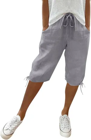 Bermuda Shorts for Women Knee Length Elastic Waist Drawstring Linen Shorts Lightweight Summer Long Shorts with Pockets