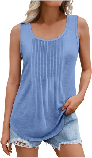 Binmer Women Plus Size Tank Tops Summer Casual Pleated Crew Neck Sleeveless T Shirts Loose Fit Beach Vest Tees,Solid/Gradient