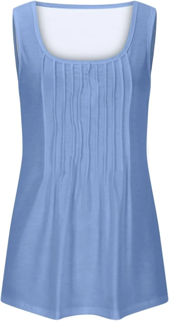 Binmer Women Plus Size Tank Tops Summer Casual Pleated Crew Neck Sleeveless T Shirts Loose Fit Beach Vest Tees,Solid/Gradient