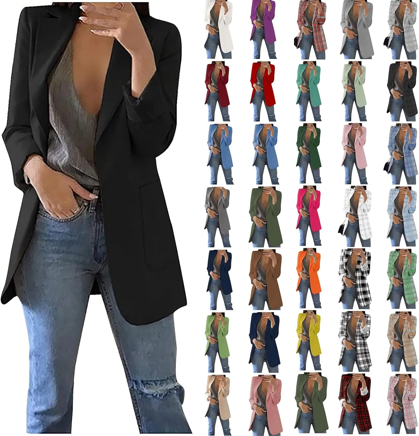 Blazers for Women Business Casual Plus Size Long Sleeve Work Office Jackets Lapel Open Front Blazer with Pockets
