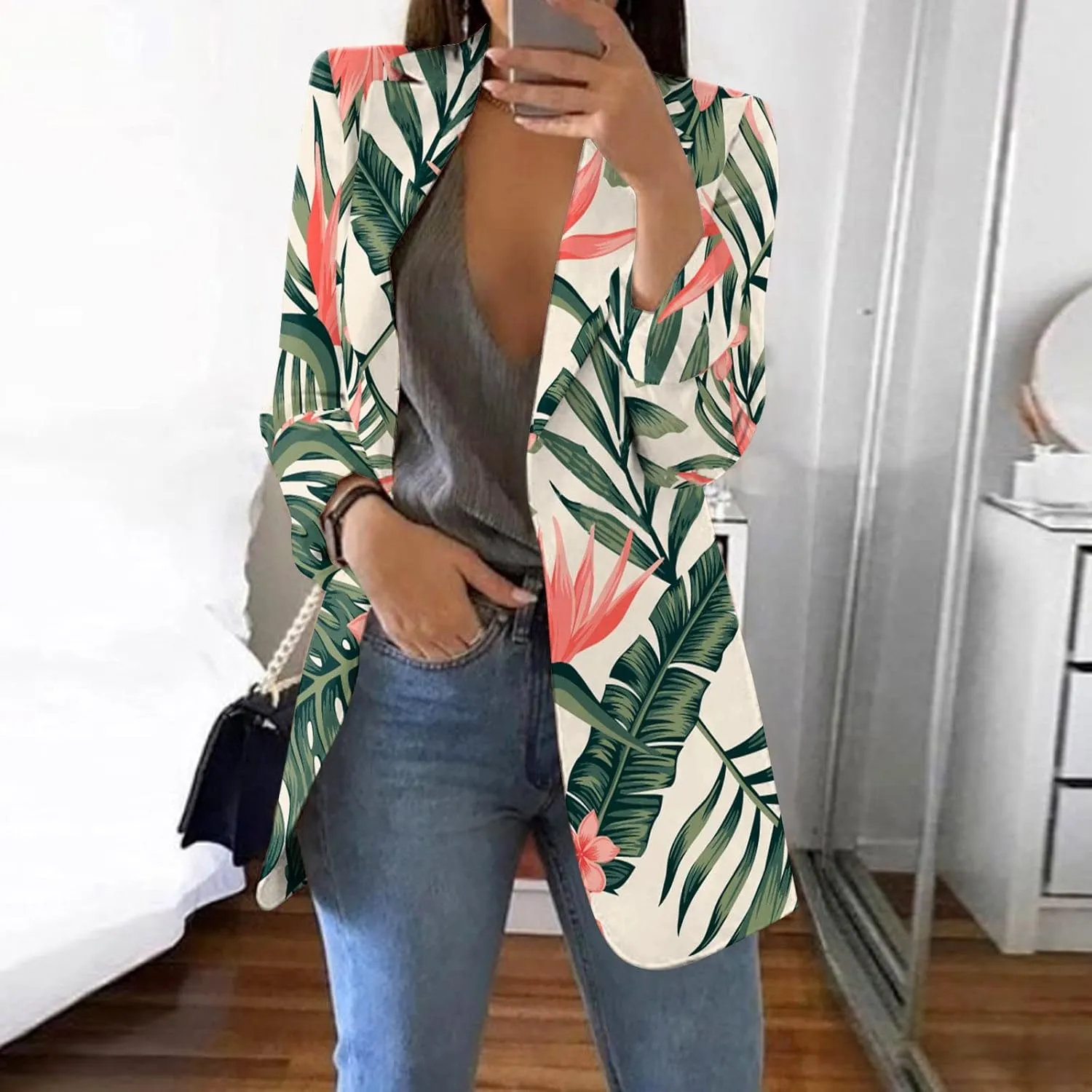Blazers for Women Long Sleeve Button Open Front Blazer Jacket Solid/Hawaii Print Trendy Suite Coat with Pockets