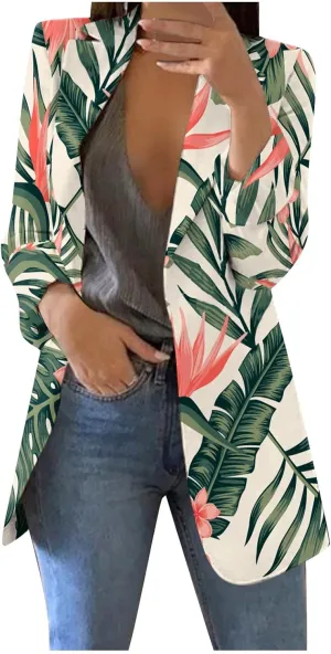 Blazers for Women Long Sleeve Button Open Front Blazer Jacket Solid/Hawaii Print Trendy Suite Coat with Pockets