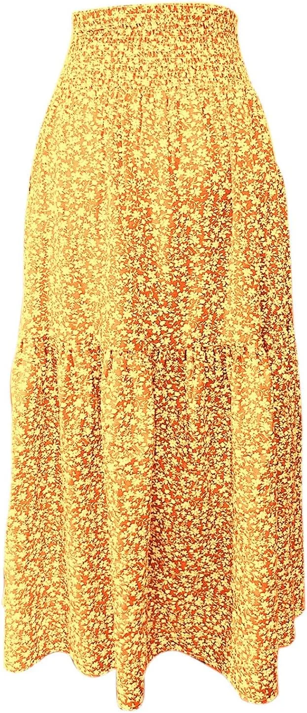 Boho Floral Maxi Skirts Women Elastic High Waist Tiered Pleated Flowy Long Summer Casual Beach Skirt