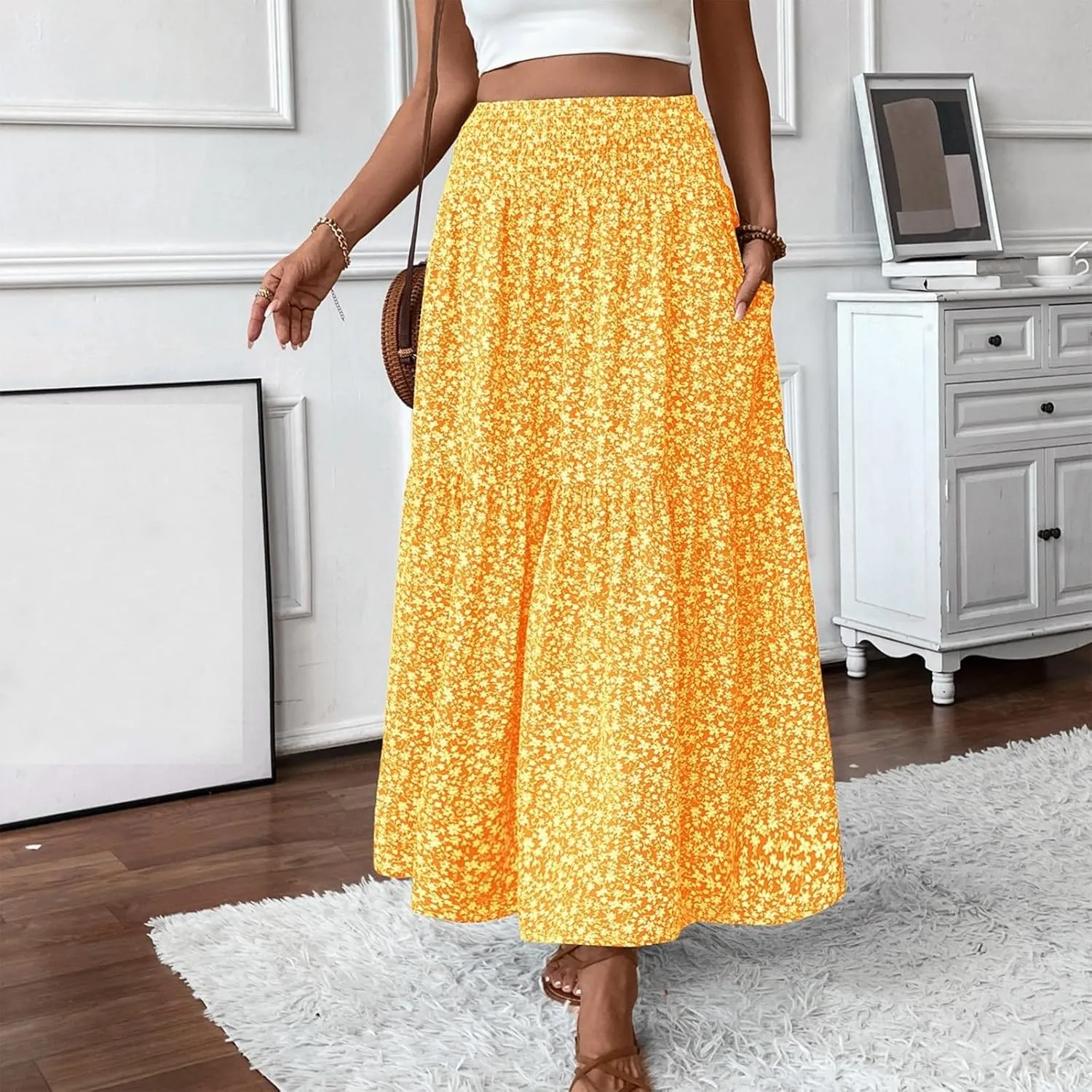 Boho Floral Maxi Skirts Women Elastic High Waist Tiered Pleated Flowy Long Summer Casual Beach Skirt