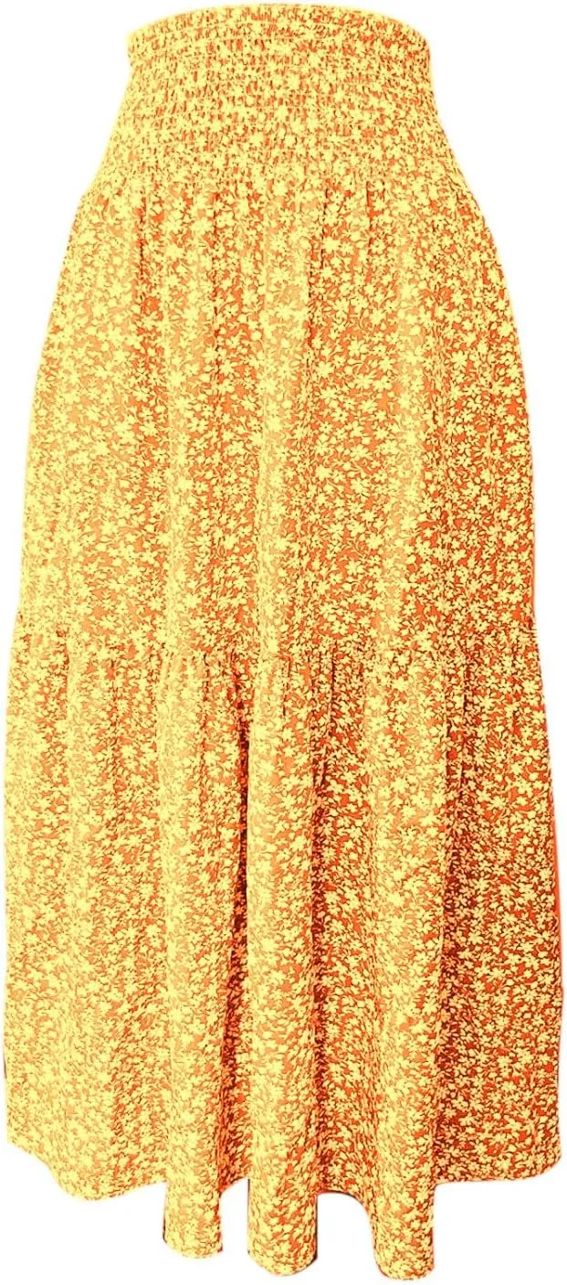 Boho Floral Maxi Skirts Women Elastic High Waist Tiered Pleated Flowy Long Summer Casual Beach Skirt