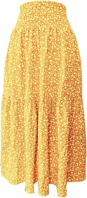 Boho Floral Maxi Skirts Women Elastic High Waist Tiered Pleated Flowy Long Summer Casual Beach Skirt