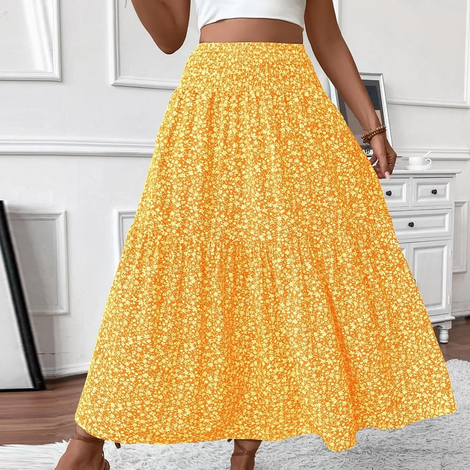 Boho Floral Maxi Skirts Women Elastic High Waist Tiered Pleated Flowy Long Summer Casual Beach Skirt