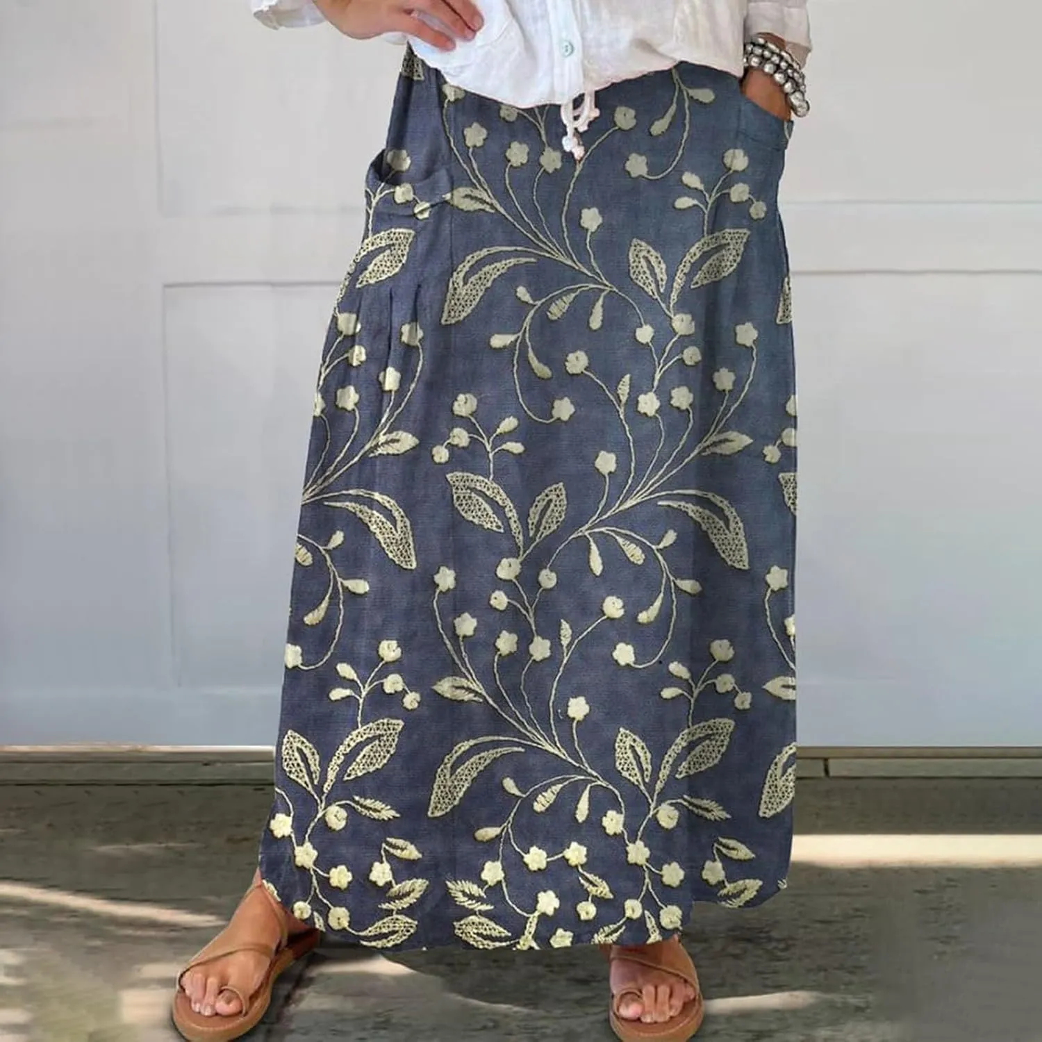 Boho Floral Summer Maxi Skirts Women Elastic High Waist Tiered Pleated Flowy Long Casual Beach Skirt