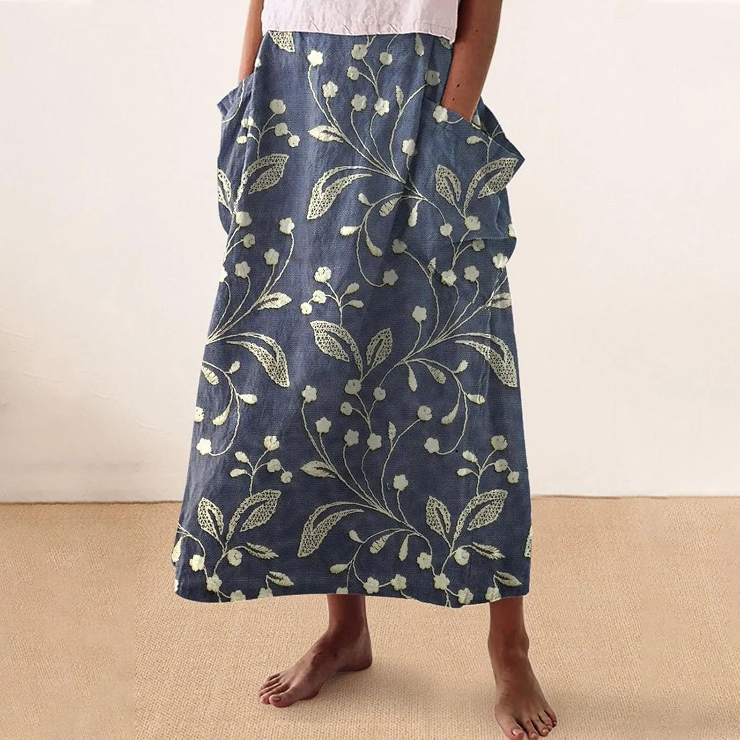 Boho Floral Summer Maxi Skirts Women Elastic High Waist Tiered Pleated Flowy Long Casual Beach Skirt