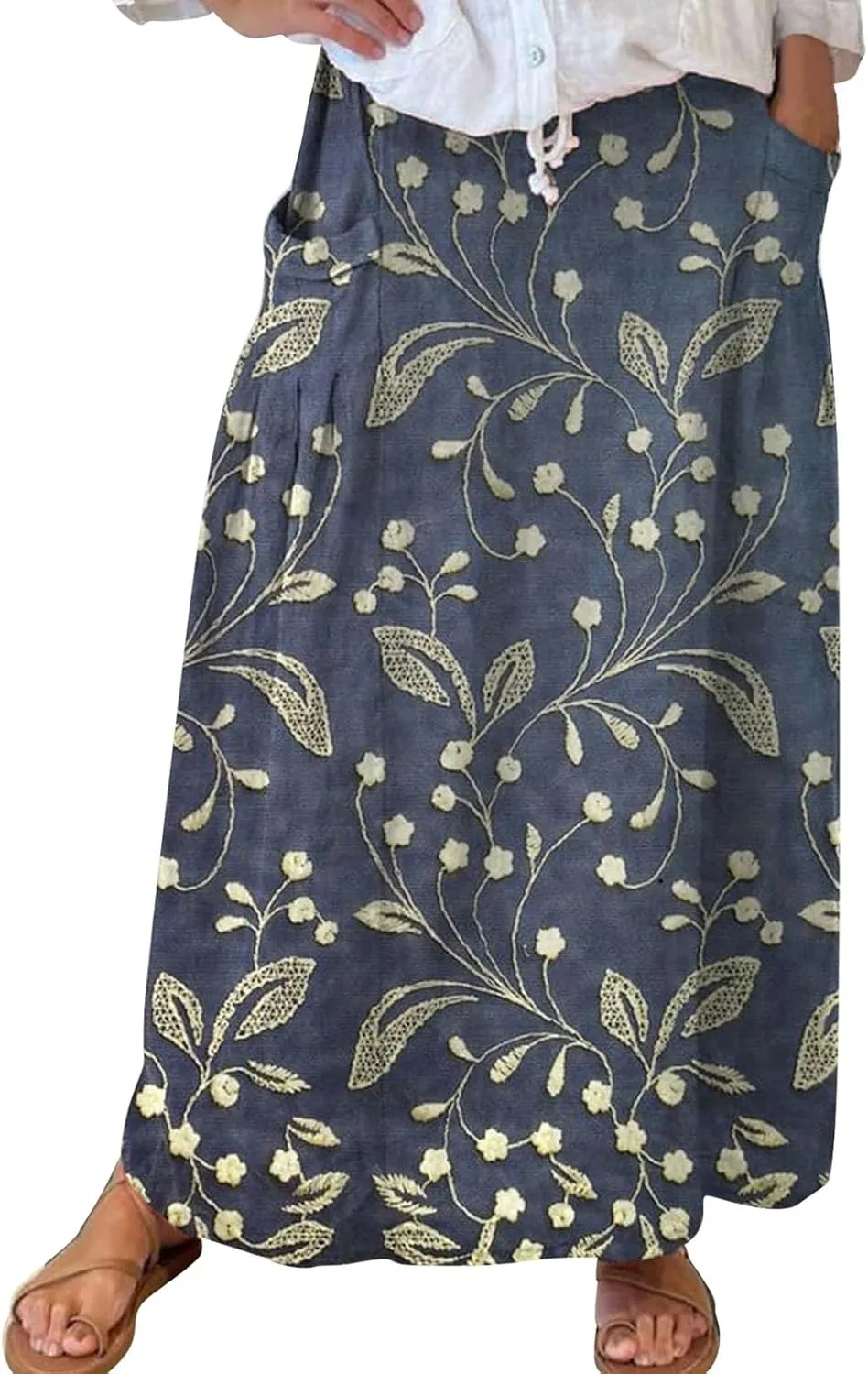Boho Floral Summer Maxi Skirts Women Elastic High Waist Tiered Pleated Flowy Long Casual Beach Skirt