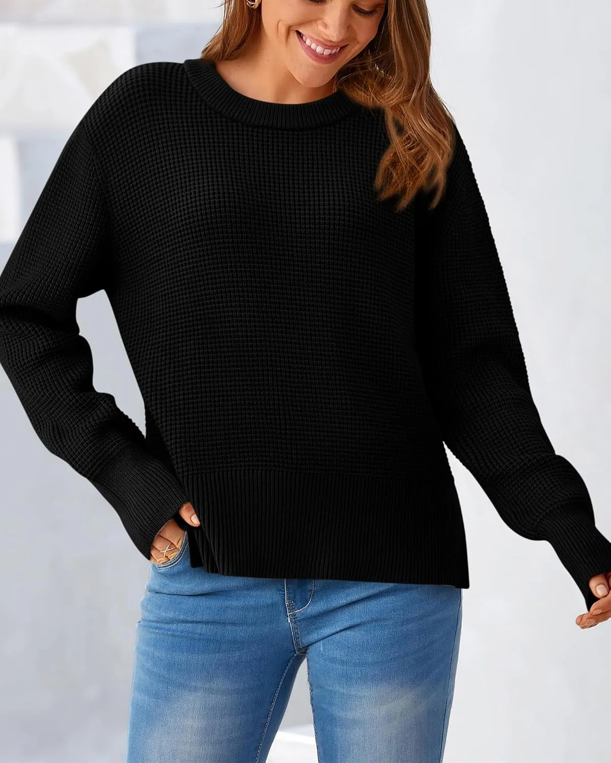 BTFBM Casual Women Fall Sweater 2024 Long Sleeve Ribbed Knit Pullover Loose Crewneck Split Cozy Sweater