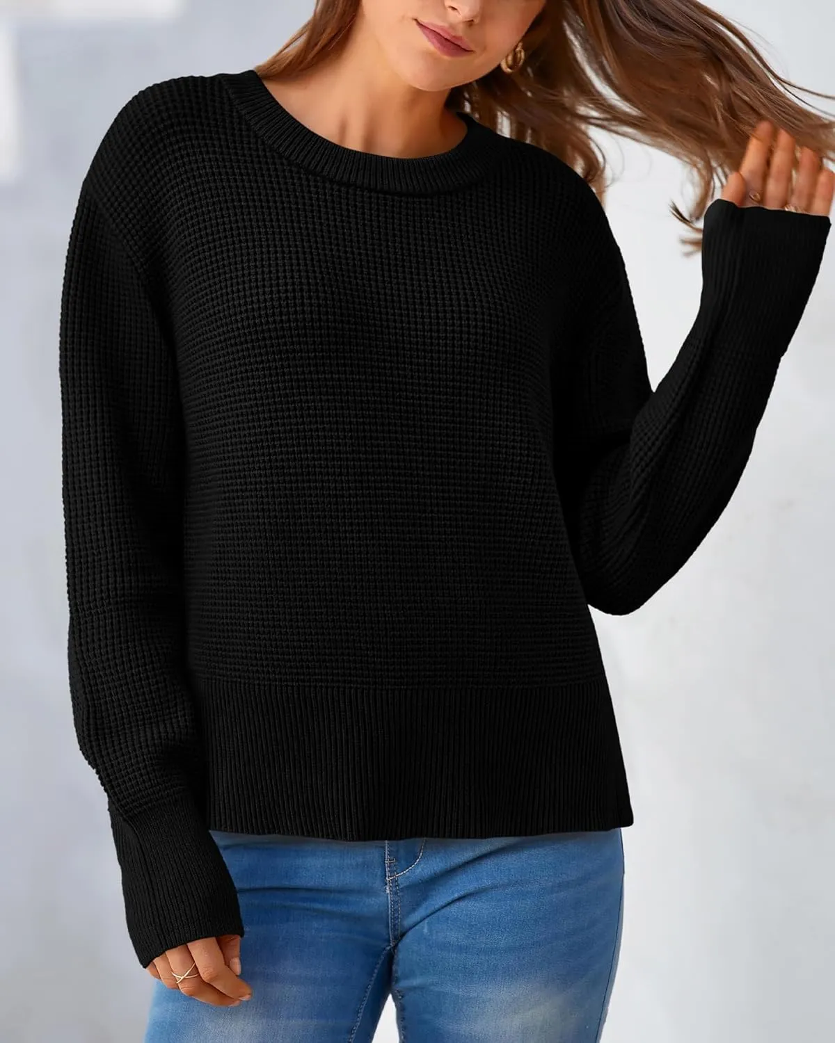 BTFBM Casual Women Fall Sweater 2024 Long Sleeve Ribbed Knit Pullover Loose Crewneck Split Cozy Sweater