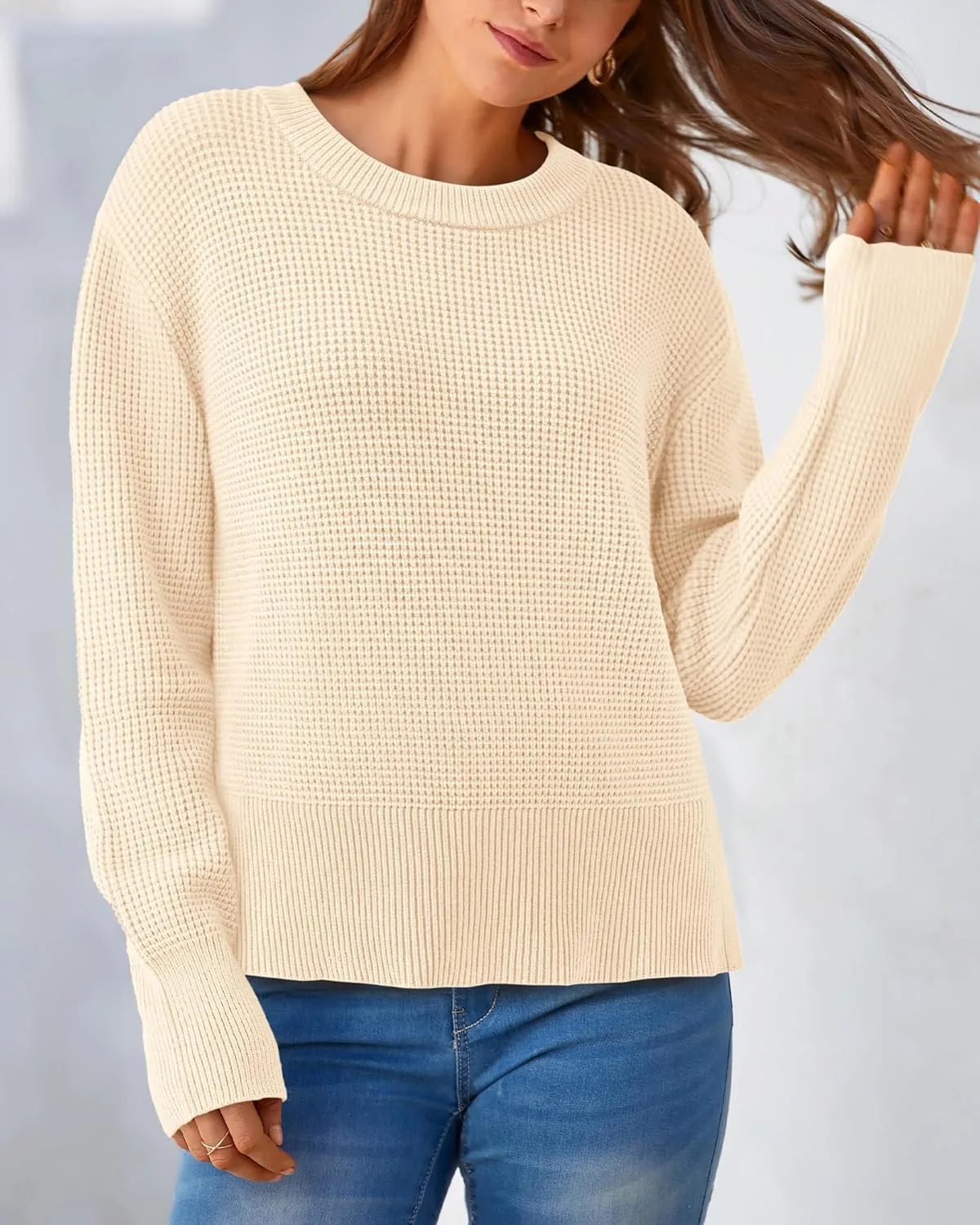 BTFBM Casual Women Fall Sweater 2024 Long Sleeve Ribbed Knit Pullover Loose Crewneck Split Cozy Sweater