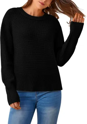 BTFBM Casual Women Fall Sweater 2024 Long Sleeve Ribbed Knit Pullover Loose Crewneck Split Cozy Sweater