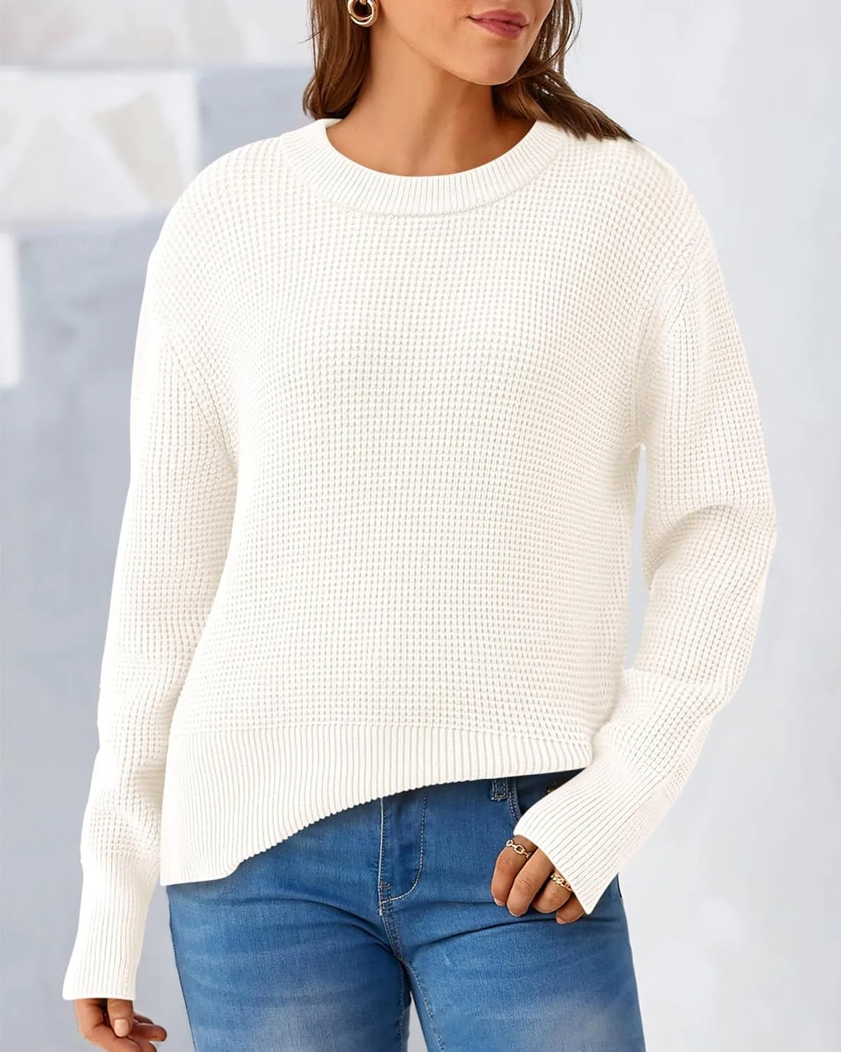 BTFBM Casual Women Fall Sweater 2024 Long Sleeve Ribbed Knit Pullover Loose Crewneck Split Cozy Sweater