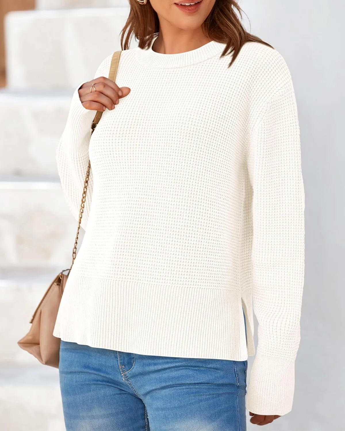 BTFBM Casual Women Fall Sweater 2024 Long Sleeve Ribbed Knit Pullover Loose Crewneck Split Cozy Sweater