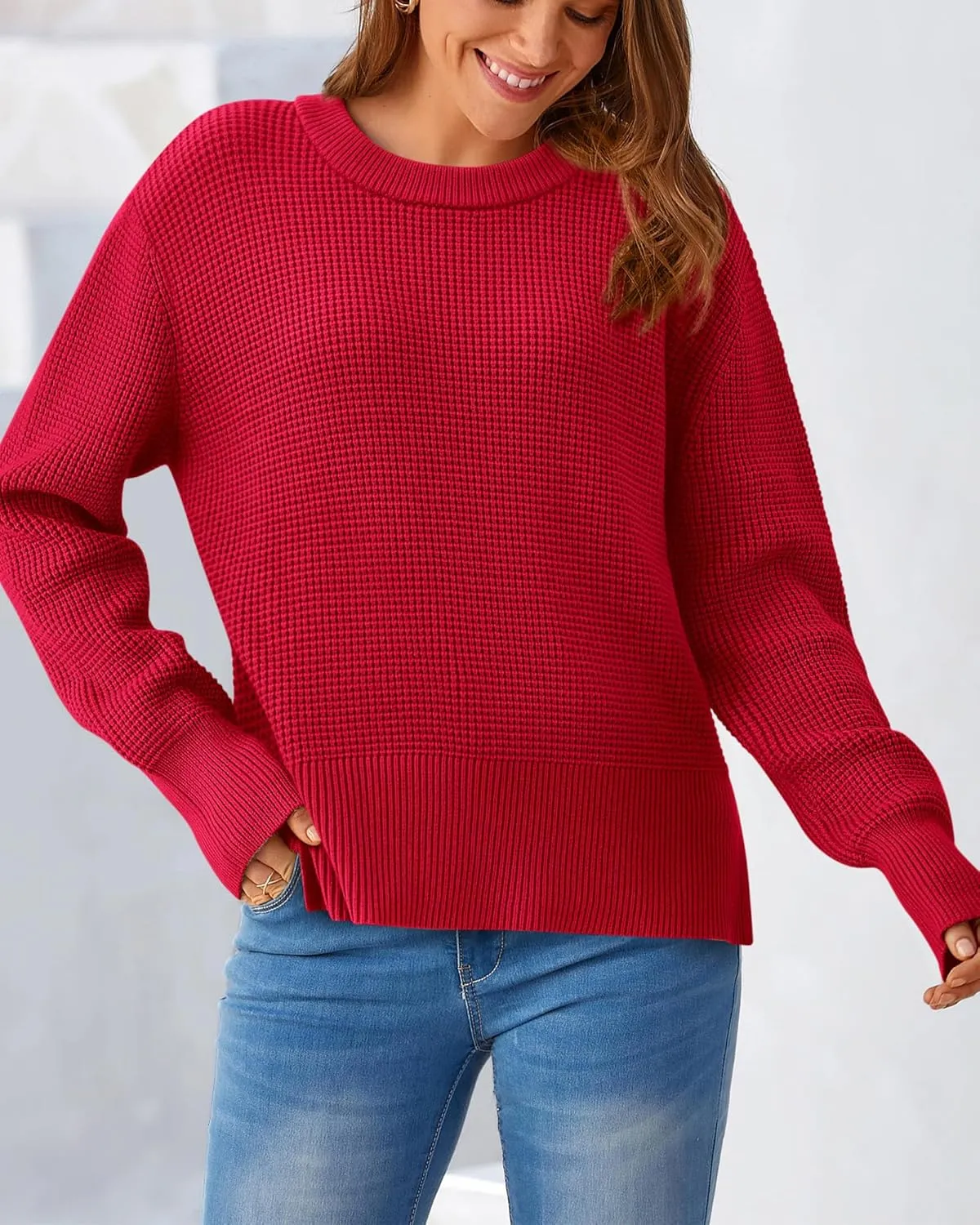 BTFBM Casual Women Fall Sweater 2024 Long Sleeve Ribbed Knit Pullover Loose Crewneck Split Cozy Sweater