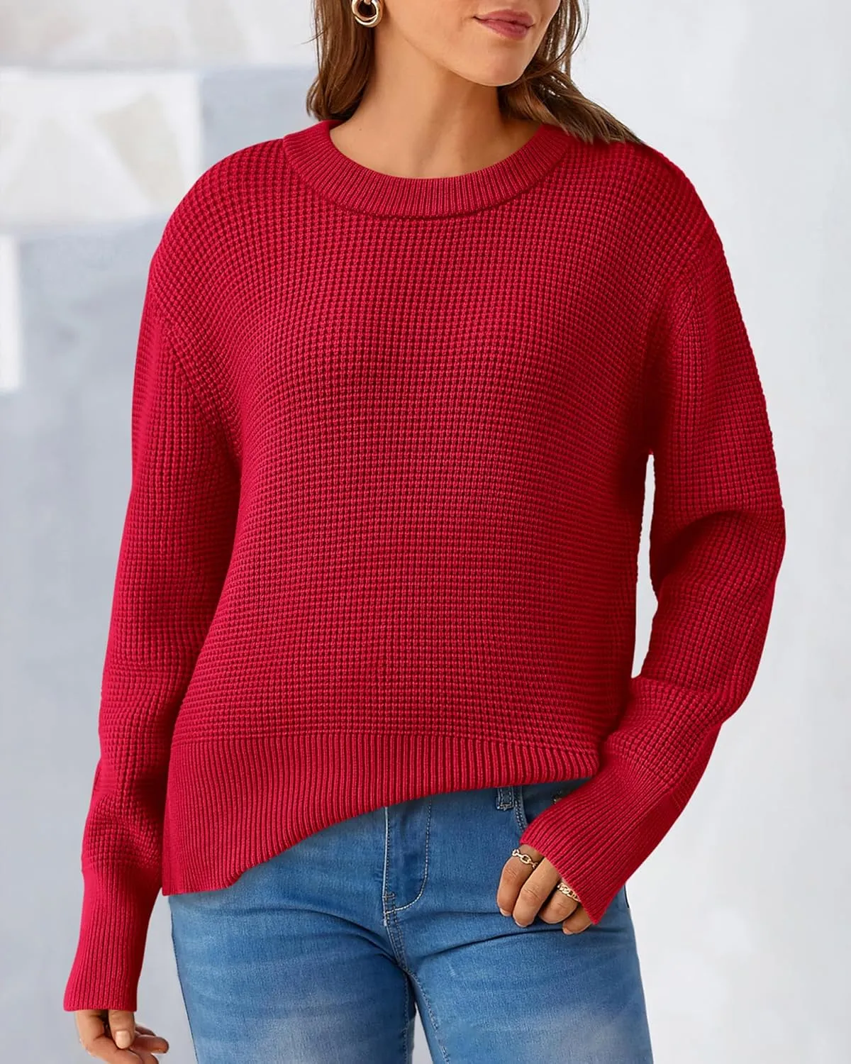 BTFBM Casual Women Fall Sweater 2024 Long Sleeve Ribbed Knit Pullover Loose Crewneck Split Cozy Sweater