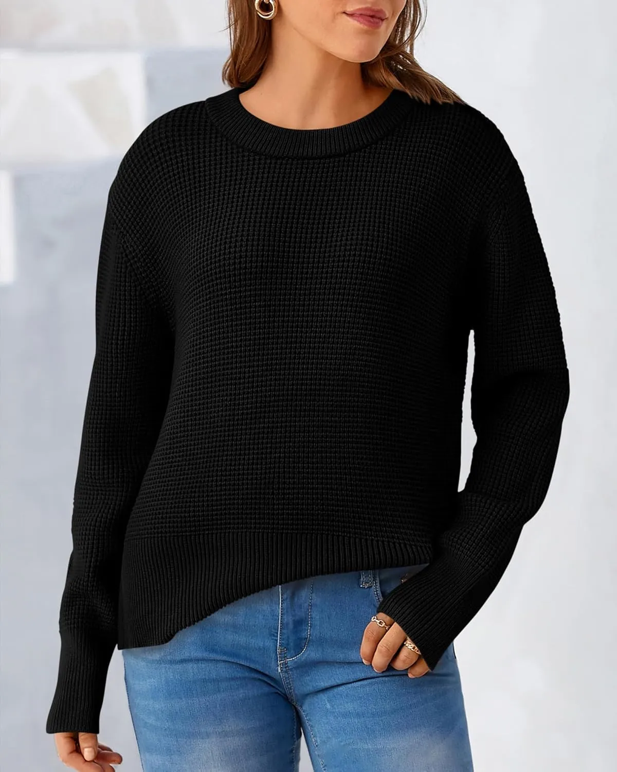 BTFBM Casual Women Fall Sweater 2024 Long Sleeve Ribbed Knit Pullover Loose Crewneck Split Cozy Sweater