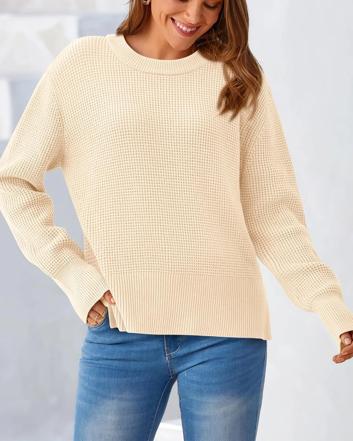 BTFBM Casual Women Fall Sweater 2024 Long Sleeve Ribbed Knit Pullover Loose Crewneck Split Cozy Sweater