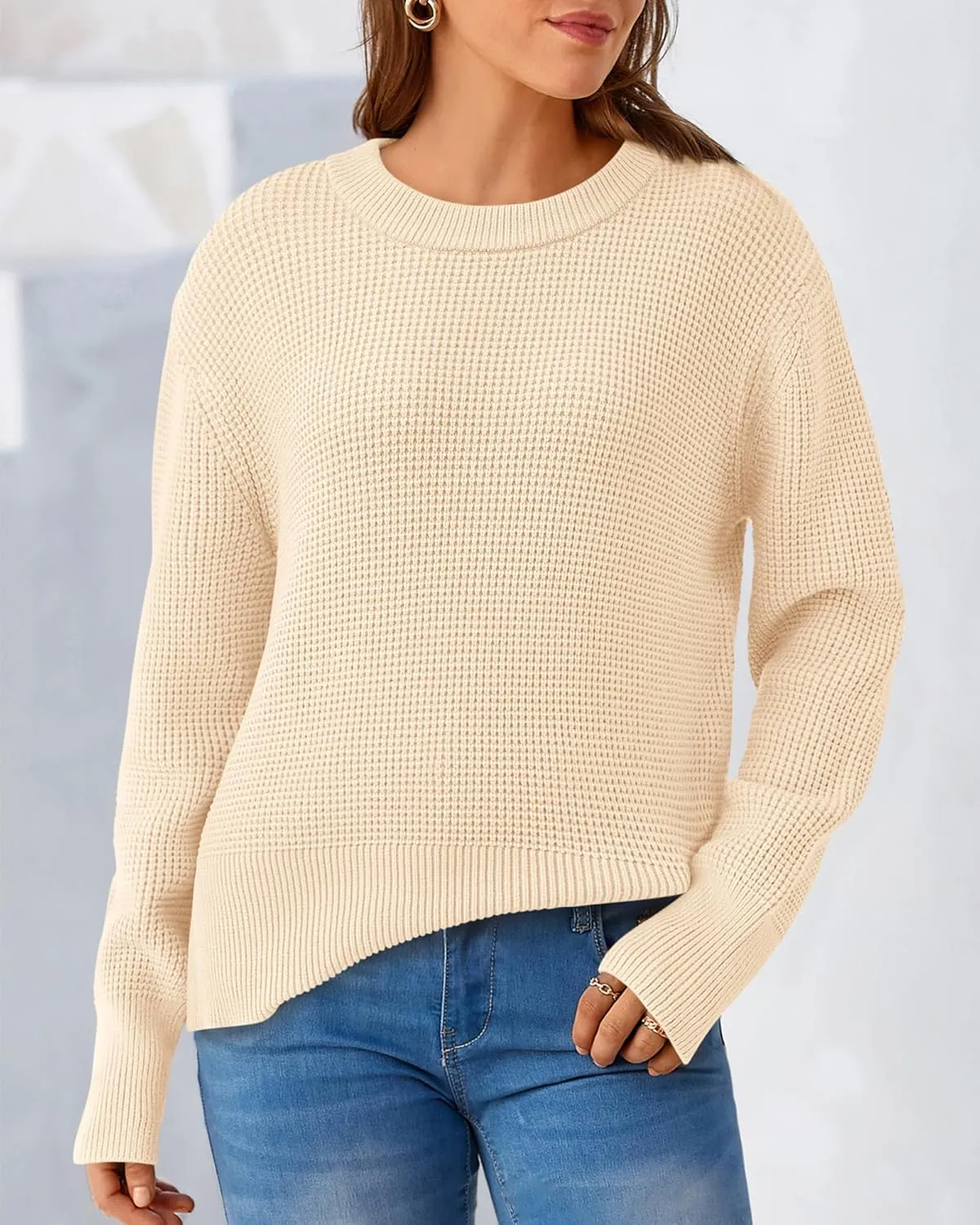 BTFBM Casual Women Fall Sweater 2024 Long Sleeve Ribbed Knit Pullover Loose Crewneck Split Cozy Sweater