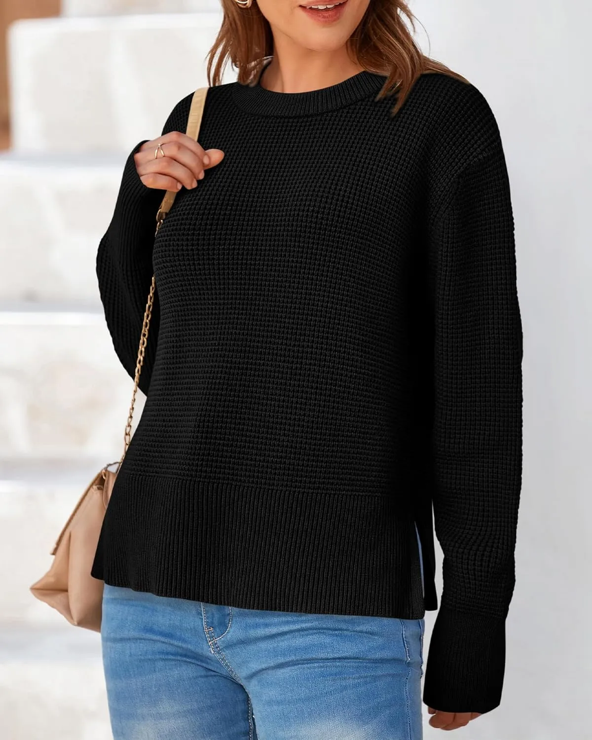 BTFBM Casual Women Fall Sweater 2024 Long Sleeve Ribbed Knit Pullover Loose Crewneck Split Cozy Sweater
