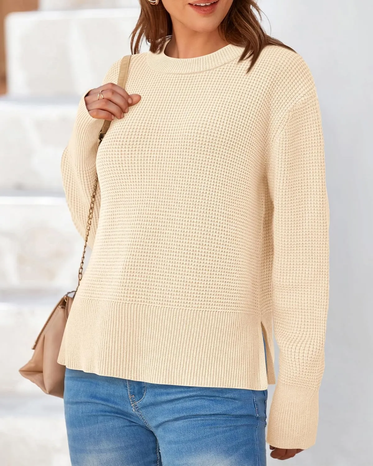 BTFBM Casual Women Fall Sweater 2024 Long Sleeve Ribbed Knit Pullover Loose Crewneck Split Cozy Sweater