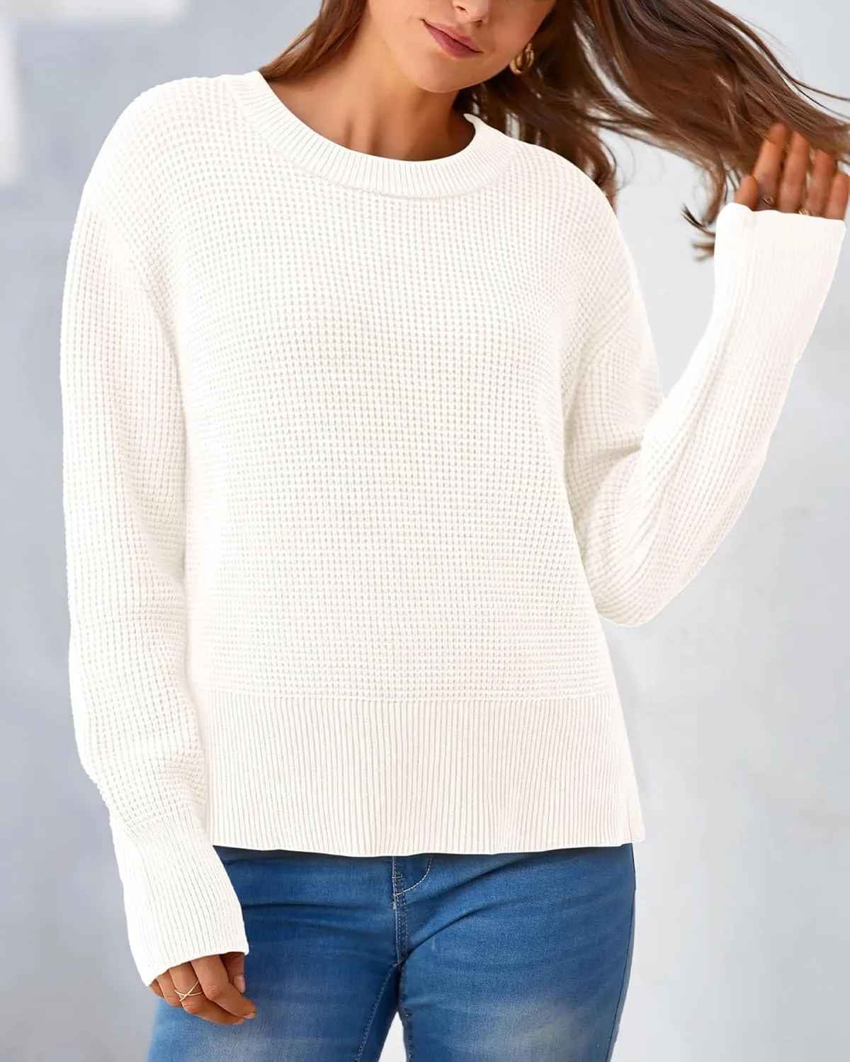 BTFBM Casual Women Fall Sweater 2024 Long Sleeve Ribbed Knit Pullover Loose Crewneck Split Cozy Sweater