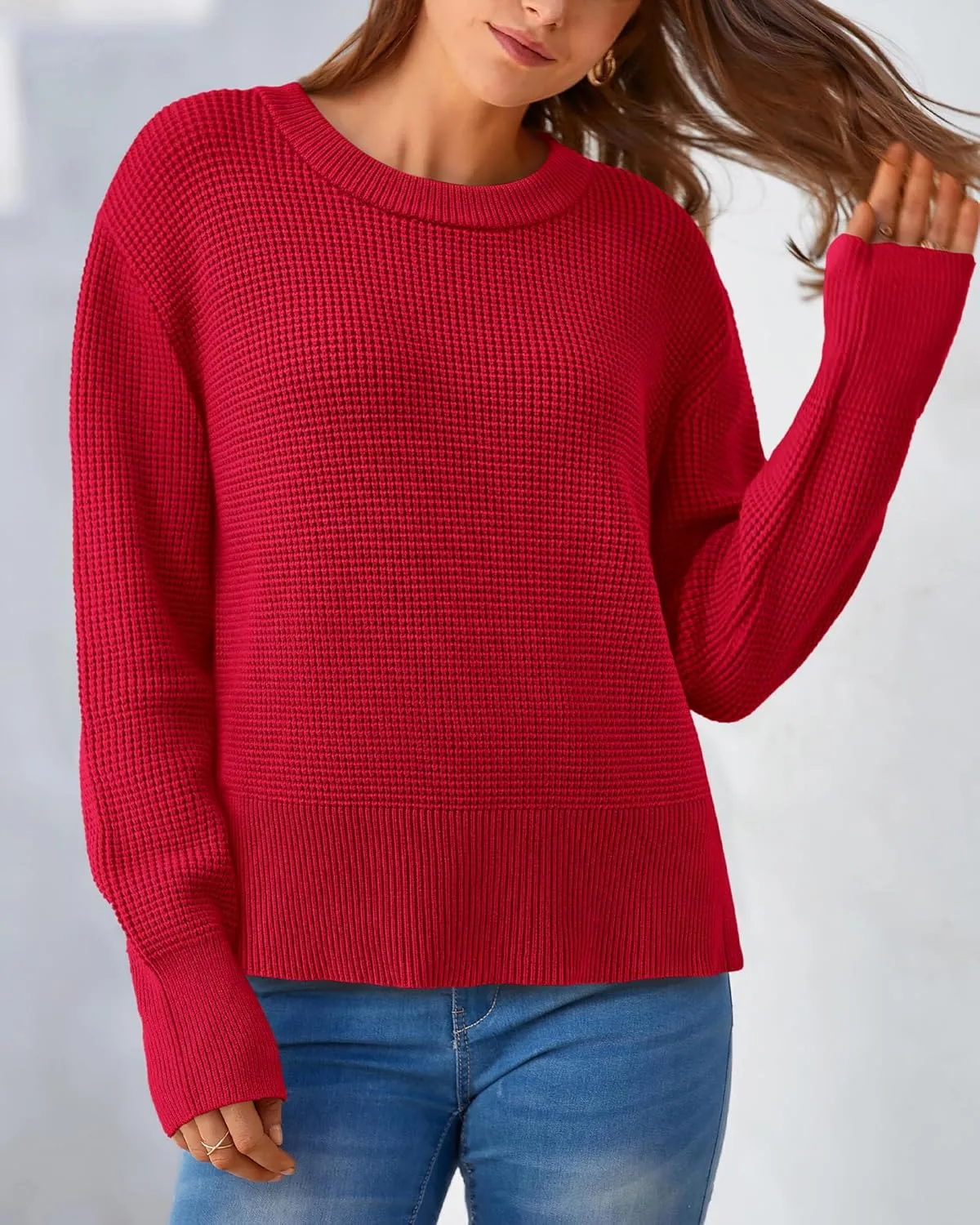 BTFBM Casual Women Fall Sweater 2024 Long Sleeve Ribbed Knit Pullover Loose Crewneck Split Cozy Sweater
