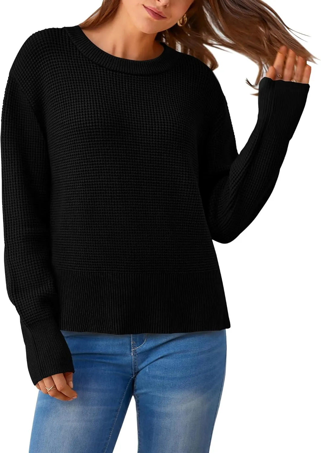 BTFBM Casual Women Fall Sweater 2024 Long Sleeve Ribbed Knit Pullover Loose Crewneck Split Cozy Sweater
