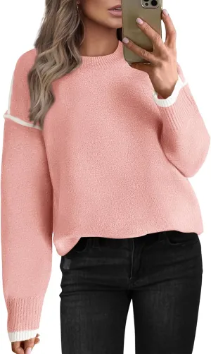 BTFBM Fall Sweaters for Women 2025 Trendy Casual Crew Neck Long Sleeve Loose Ribbed Knit Sweater Pullover Jumper Tops