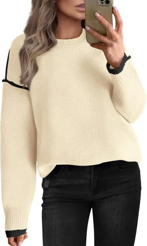 BTFBM Fall Sweaters for Women 2025 Trendy Casual Crew Neck Long Sleeve Loose Ribbed Knit Sweater Pullover Jumper Tops