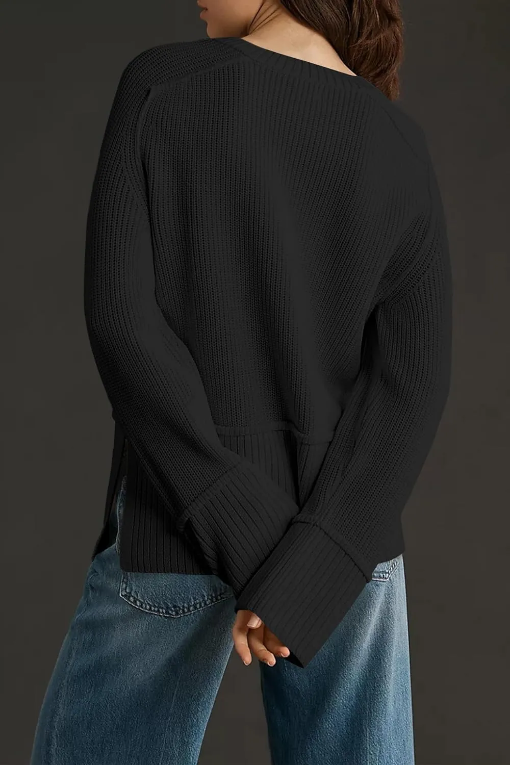 Cakulo Womens Fall 2024 Knit Crew Neck Pullover Sweaters Oversized Long Sleeve Split Casual Winter Ribbed Sweater