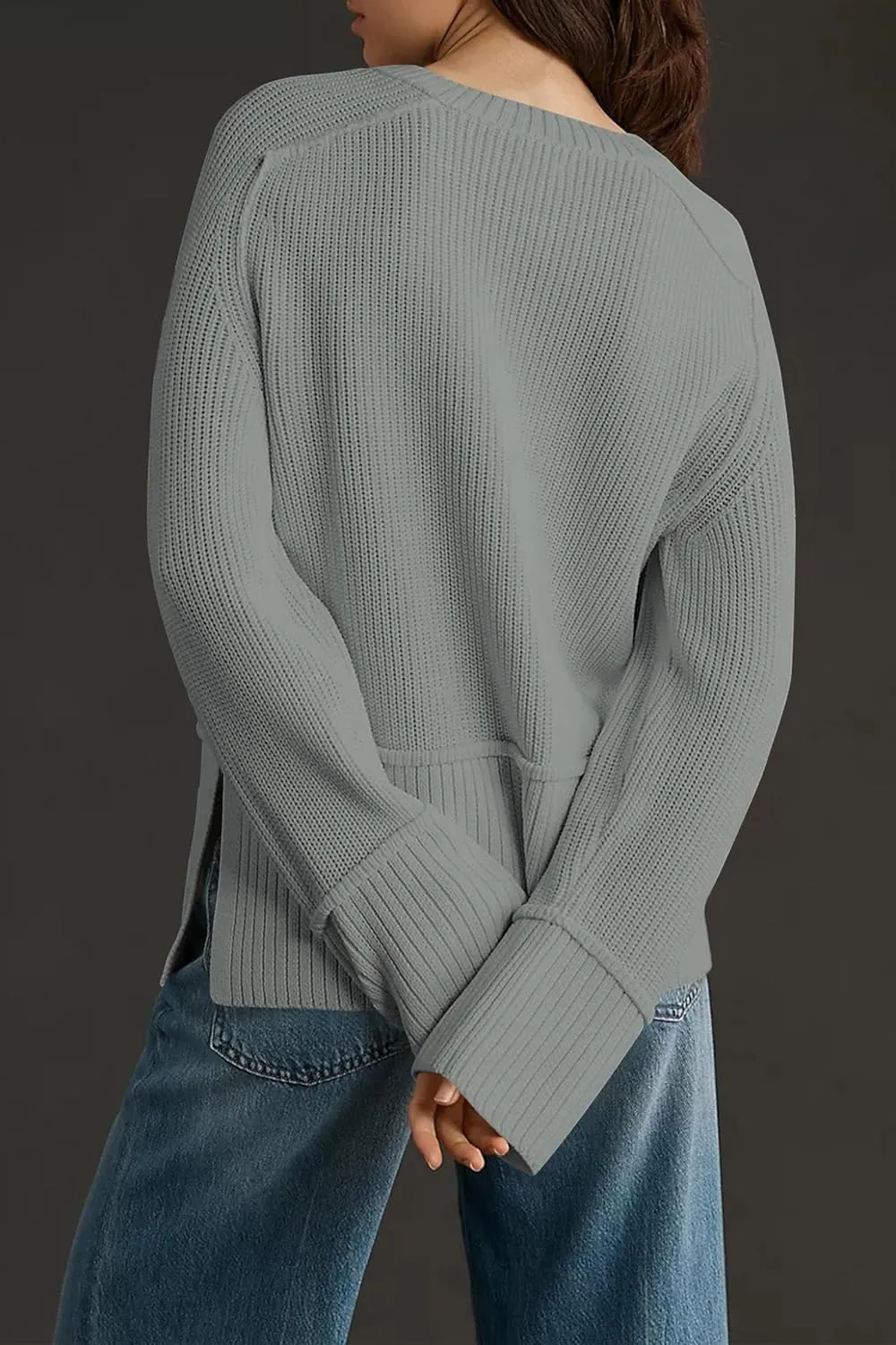Cakulo Womens Fall 2024 Knit Crew Neck Pullover Sweaters Oversized Long Sleeve Split Casual Winter Ribbed Sweater