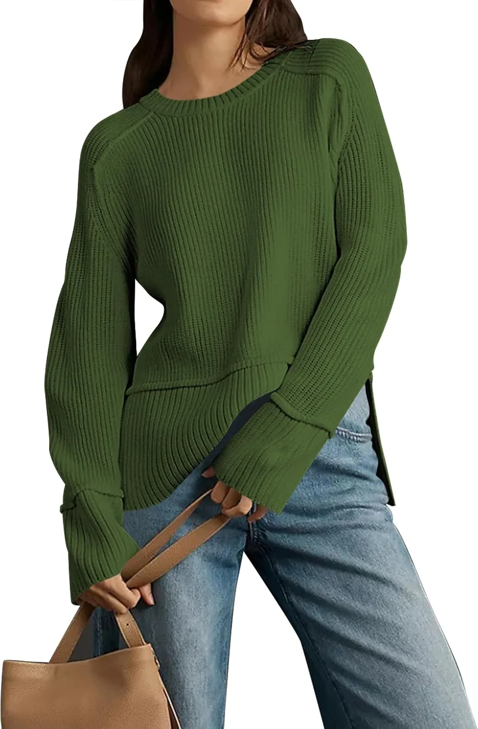 Cakulo Womens Fall 2024 Knit Crew Neck Pullover Sweaters Oversized Long Sleeve Split Casual Winter Ribbed Sweater