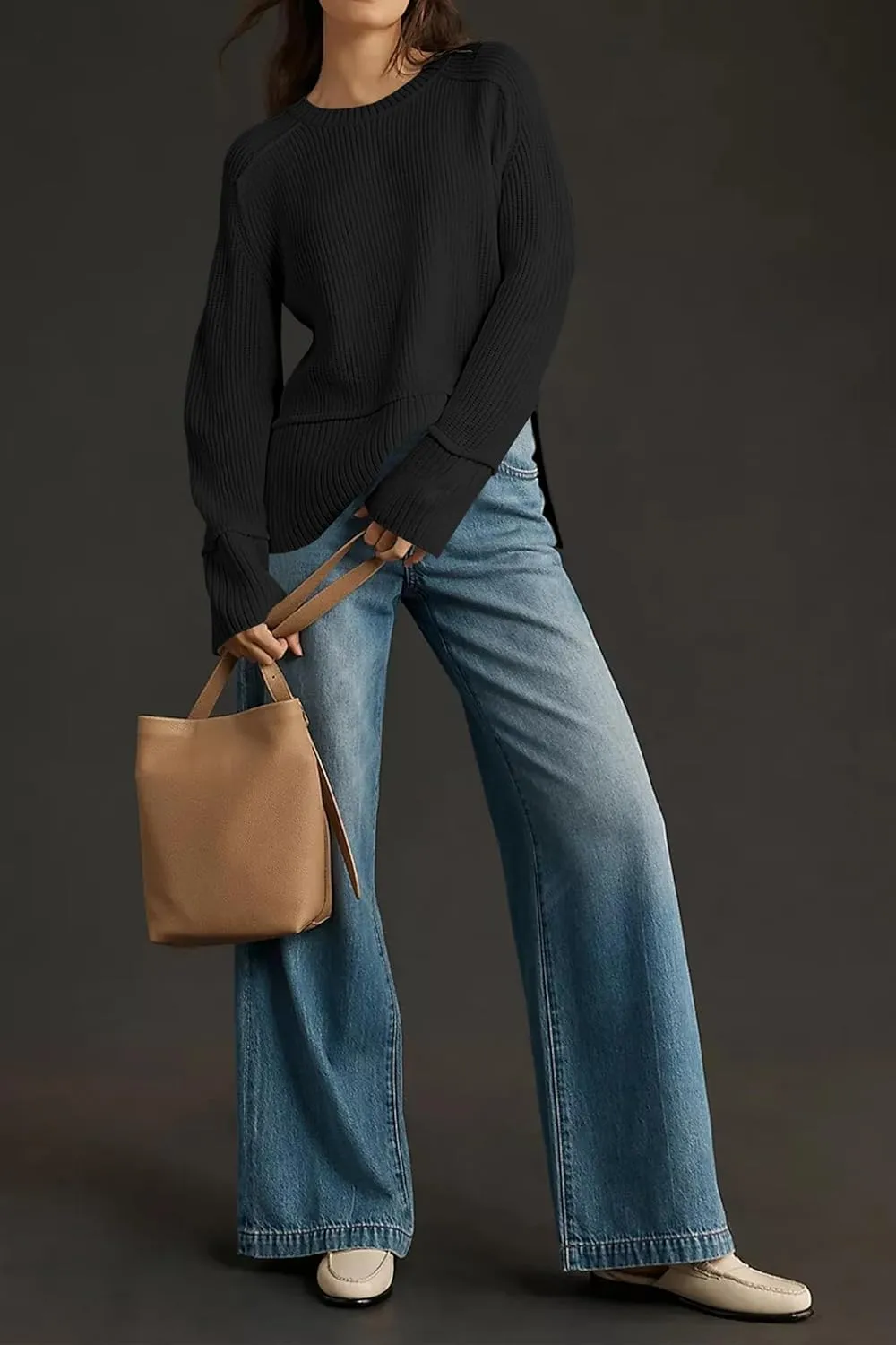 Cakulo Womens Fall 2024 Knit Crew Neck Pullover Sweaters Oversized Long Sleeve Split Casual Winter Ribbed Sweater
