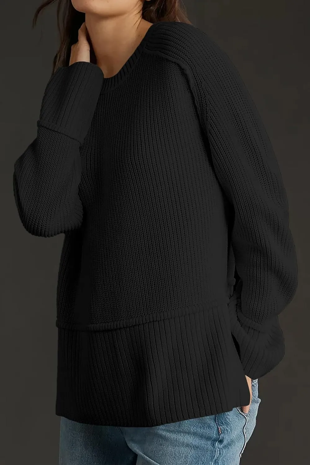 Cakulo Womens Fall 2024 Knit Crew Neck Pullover Sweaters Oversized Long Sleeve Split Casual Winter Ribbed Sweater
