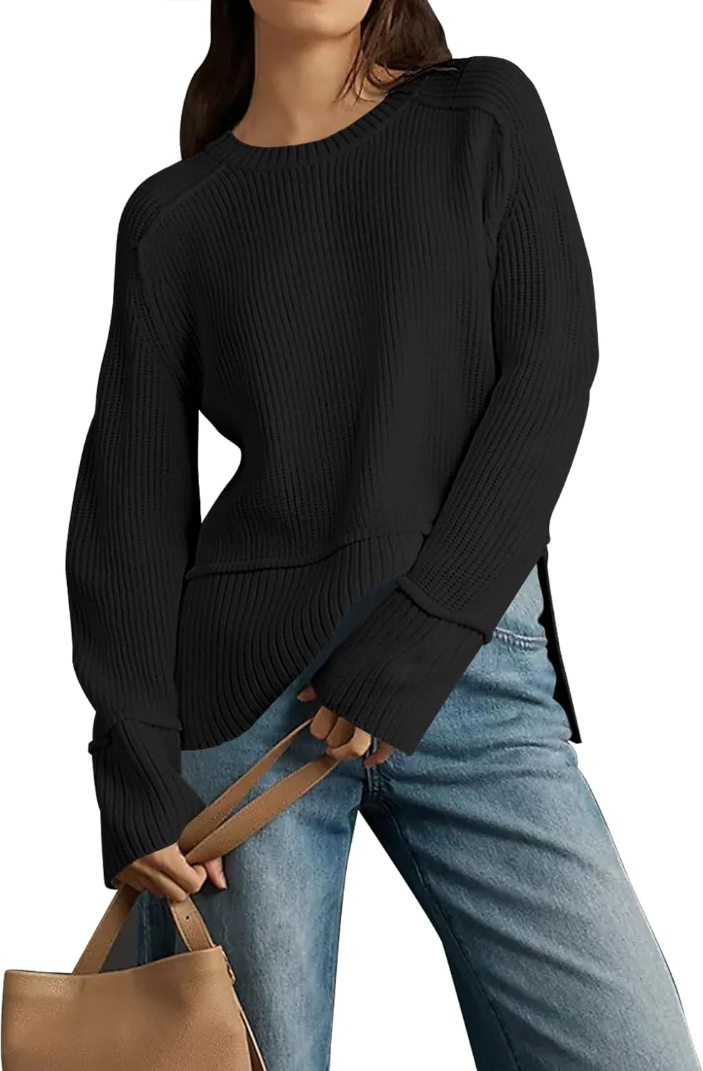Cakulo Womens Fall 2024 Knit Crew Neck Pullover Sweaters Oversized Long Sleeve Split Casual Winter Ribbed Sweater