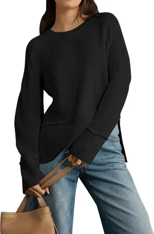 Cakulo Womens Fall 2024 Knit Crew Neck Pullover Sweaters Oversized Long Sleeve Split Casual Winter Ribbed Sweater