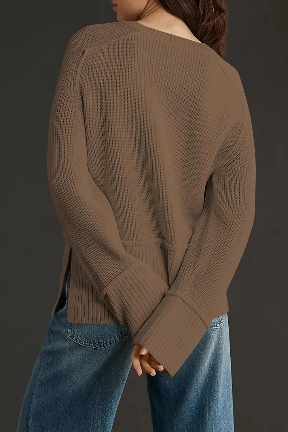 Cakulo Womens Fall 2024 Knit Crew Neck Pullover Sweaters Oversized Long Sleeve Split Casual Winter Ribbed Sweater