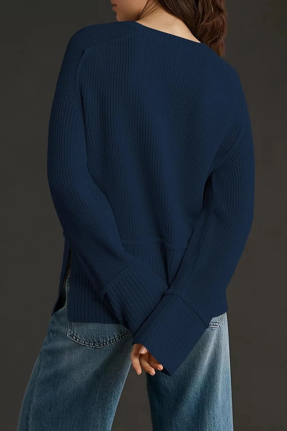 Cakulo Womens Fall 2024 Knit Crew Neck Pullover Sweaters Oversized Long Sleeve Split Casual Winter Ribbed Sweater