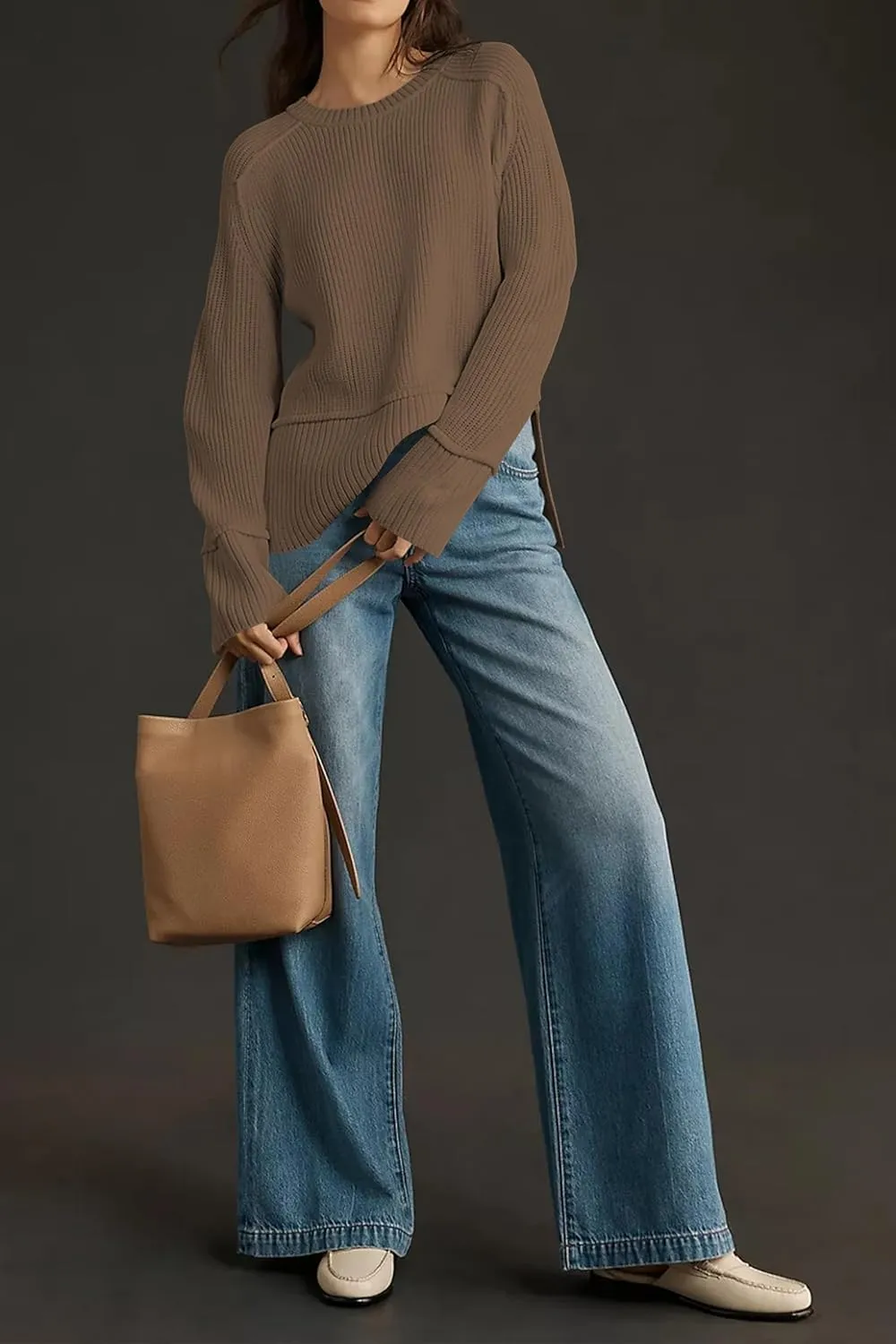 Cakulo Womens Fall 2024 Knit Crew Neck Pullover Sweaters Oversized Long Sleeve Split Casual Winter Ribbed Sweater